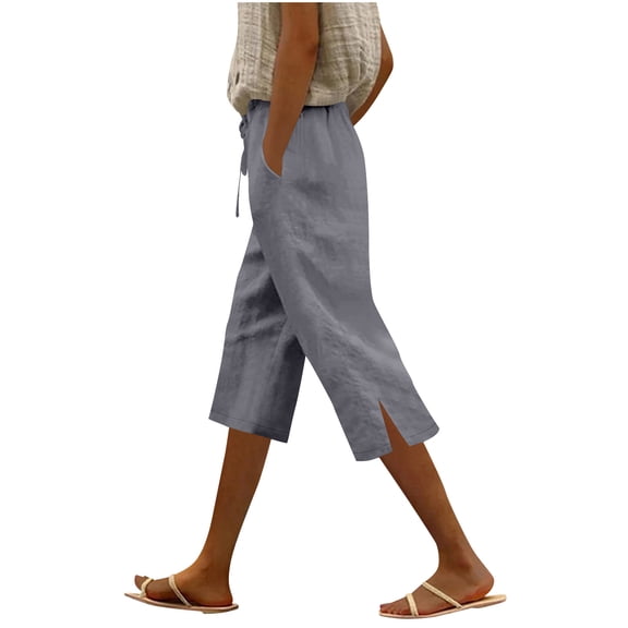 Gswybco Linen Shorts for Women Casual Elastic Waist Workout Shorts Solid Color Knee Length Sporty Drawstring Shorts with Pockets