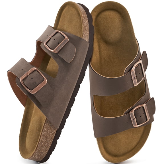 Ecetana Women's Cork Footbed Slide Sandals, Adjustable Double Buckle Open Toe Flat Sandals with Light Arch Support