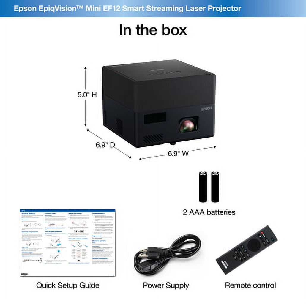 Restored Epson EpiqVision Mini EF12 3LCD Projector, 16:9, Portable, Black (Refurbished)