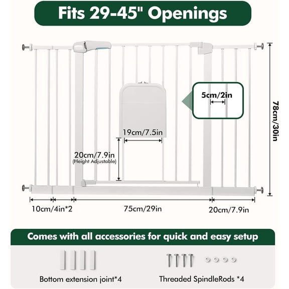 Metal Pet Gate with Cat Door, Adjustable Dog Gate for Doorways & Stairs, Pressure Mounted, Auto-Close, No Tools Needed, 29-45 Inches, White