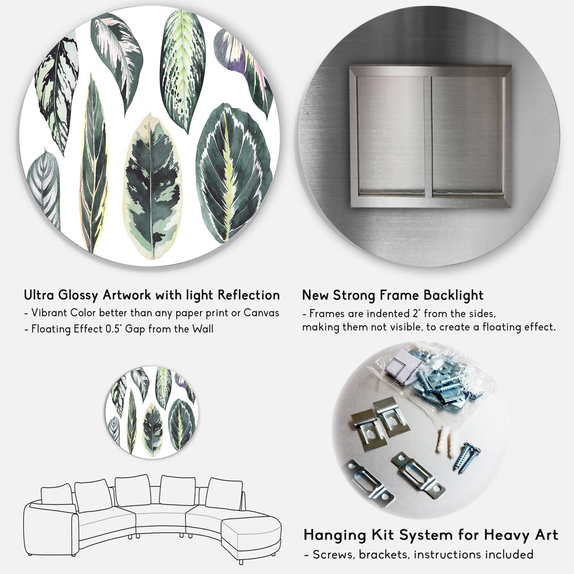 Designart 'Tropical Calathea Leaves On White' Bohemian & Eclectic Circle Metal Wall Art 23x23 - Disc of 23