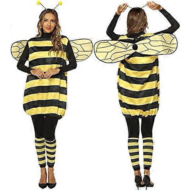 Halloween Yellow Honey Bee Clothes Outfits For Women 4pcs Party Dress Up Accessories Headdress+Striped Top+Wings+Socks