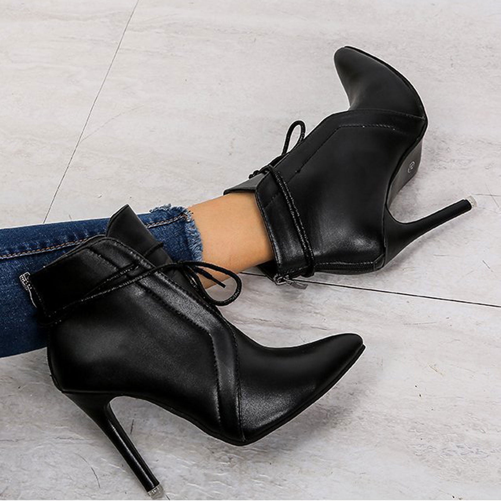 LSLJS Women s High Heels Ankle Boots Women Pointed Toe Thin High Heels Casual Leather Shoes Short Boots With Back Zipper Women s Ankle Boots Booties Walmart
