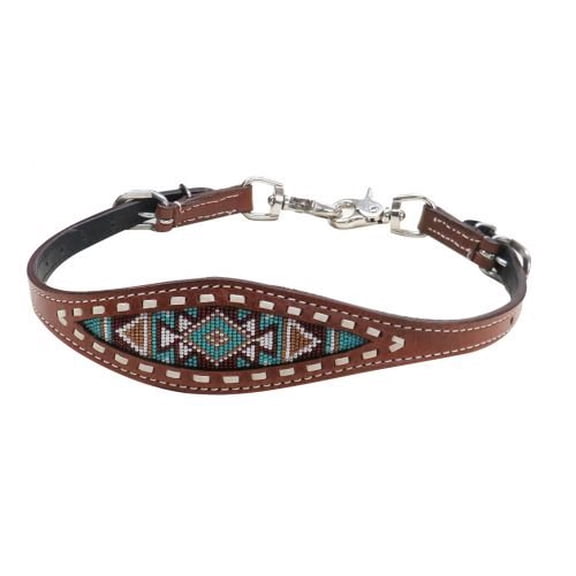 Showman Teal, Brown & White Southwest Beaded Inlay Leather Wither Strap