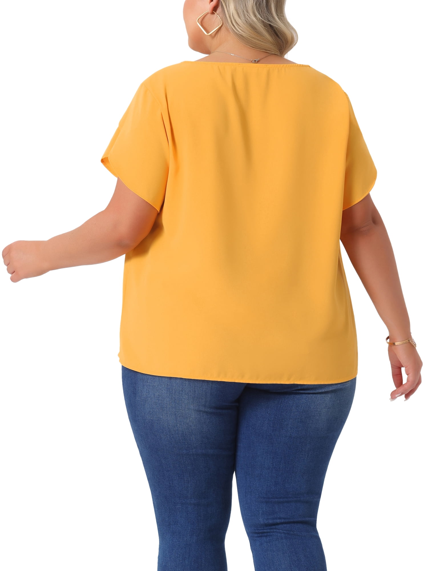 DARING DIVA Women's Plus Size Round Neck Pleated Tulip Sleeve Shirt Blouse 2X Yellow