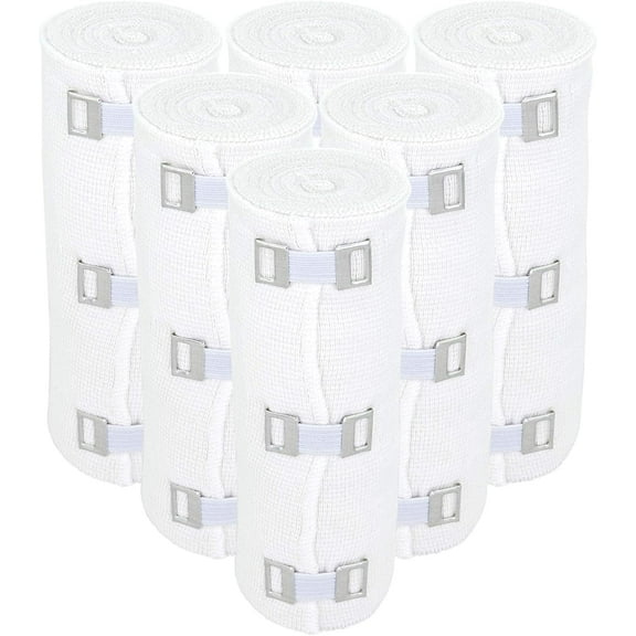 Premium Elastic Bandage Wrap (6" Wide, 6 Pack) - Made of USA Grown Soft Woven Cotton - Metal Clip Fasteners - GT Latex Free Hypoallergenic Compression Roll for Sprains & Injuries (White)
