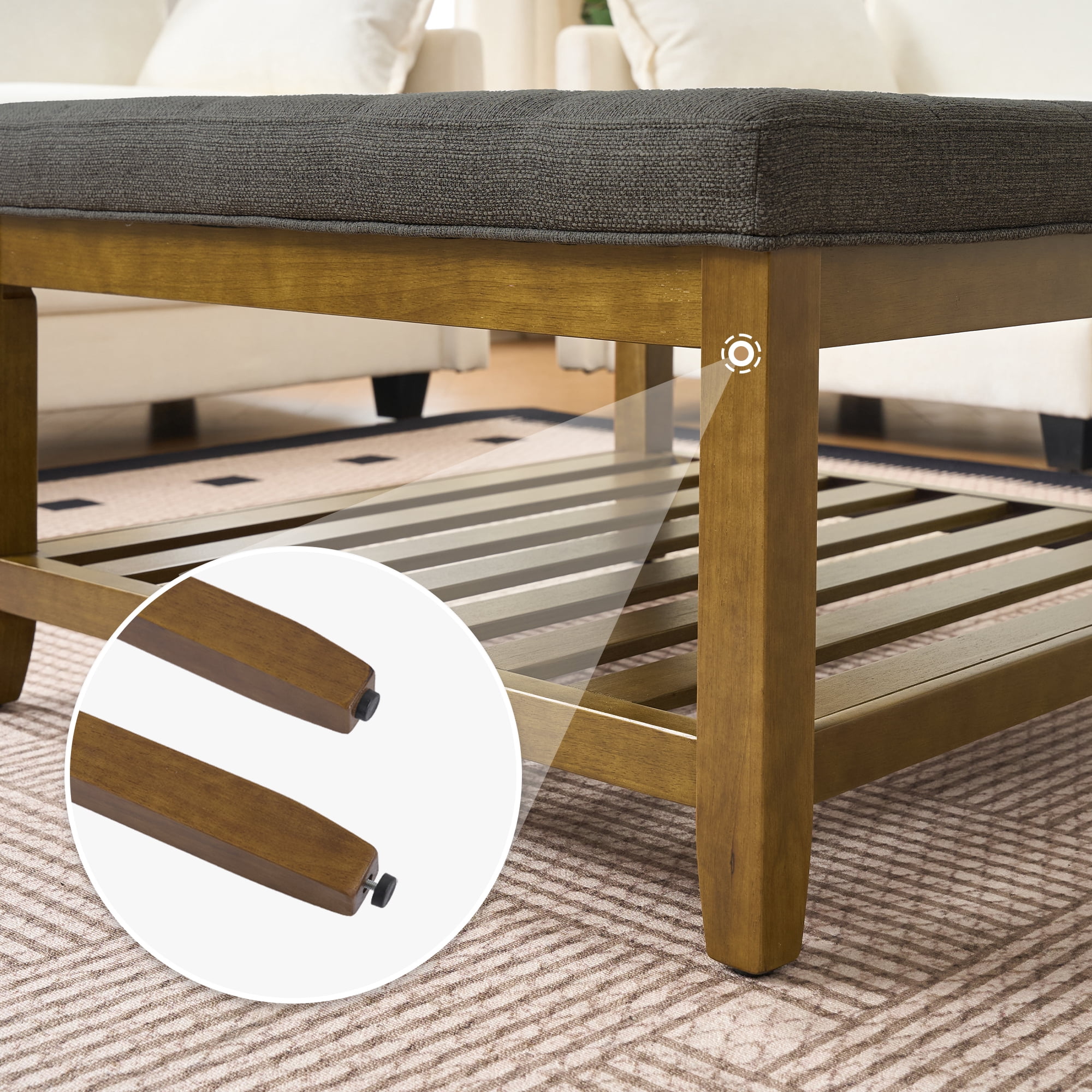 Square Upholstered Ottoman Coffee Table with Storage Shelf, Linen Fabric, Tufted Top, 31.9"x31.9", Granite