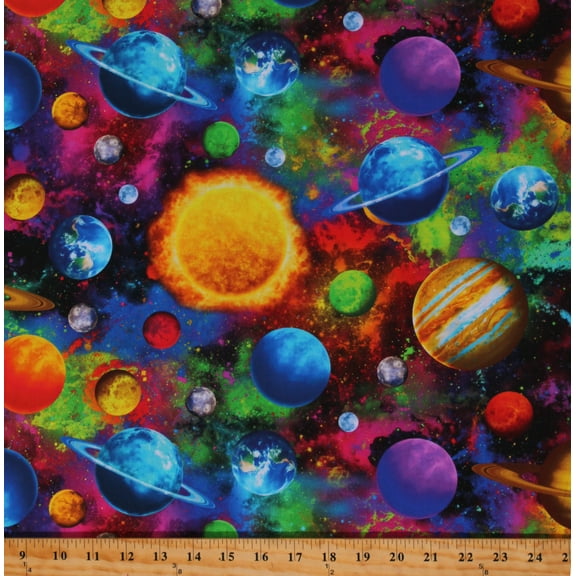 Cotton Bright Colorful Planets Outer Space Stars Galaxy Solar System Multicolor Cotton Fabric Print by the Yard (SPACE-CD1691-MULTI)