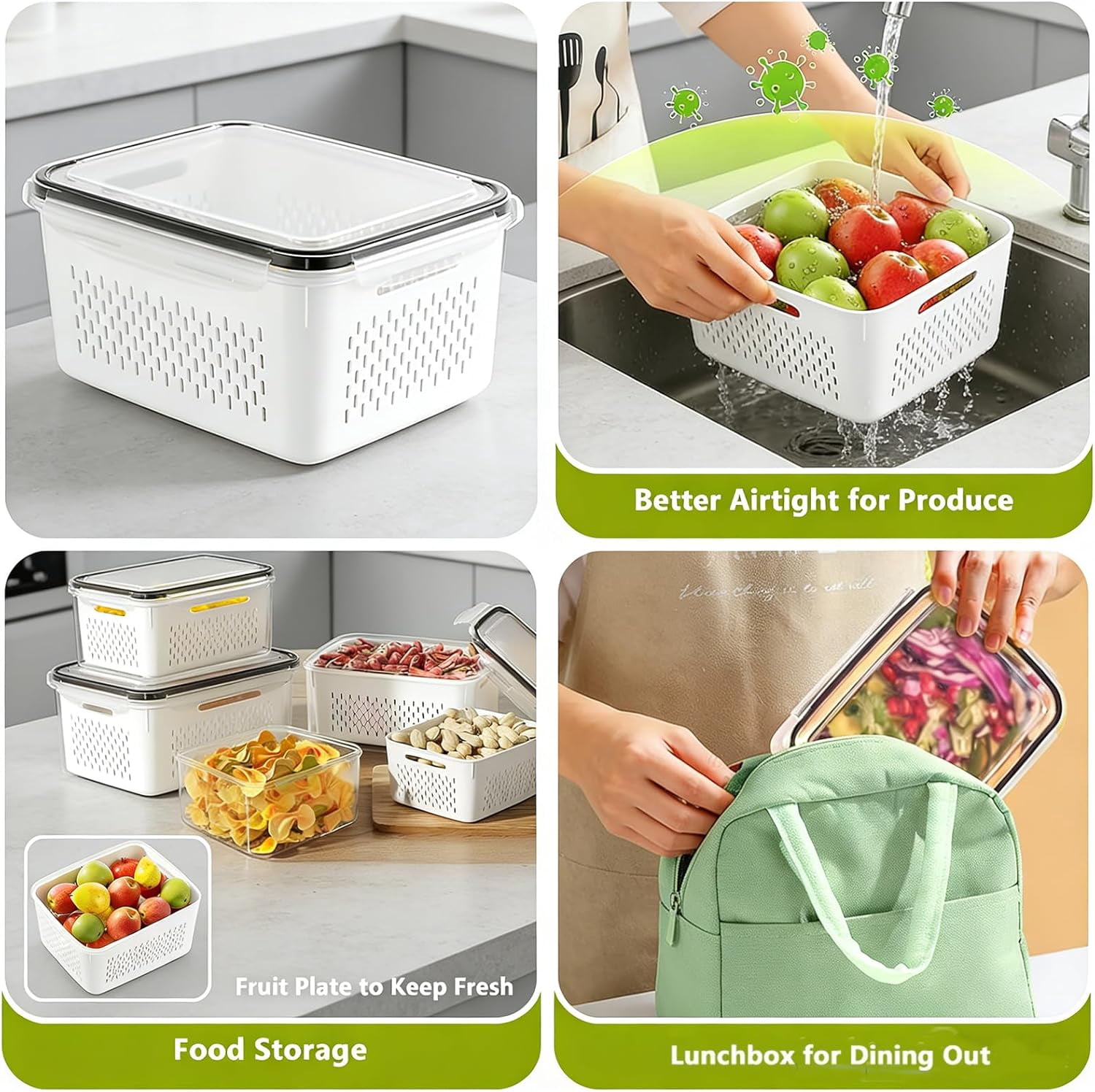 Fruit Storage Containers for Fridge, Produce Containers for Fridge with Removable Colander,4 in 1 Food Storage Container Keep Fruits, Vegetables, Berry, Meat Fresh longer (Blue)