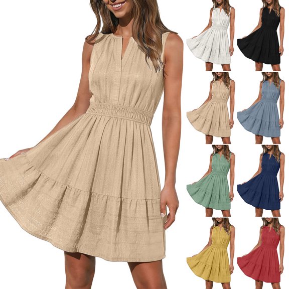 Smsaxvxz Summer Dresses for Women 2026 Fashion Sexy V-Neck Sleeveless Pleated Sundress with Pockets Casual Solid Loose Wedding Guest Dress Beige XL