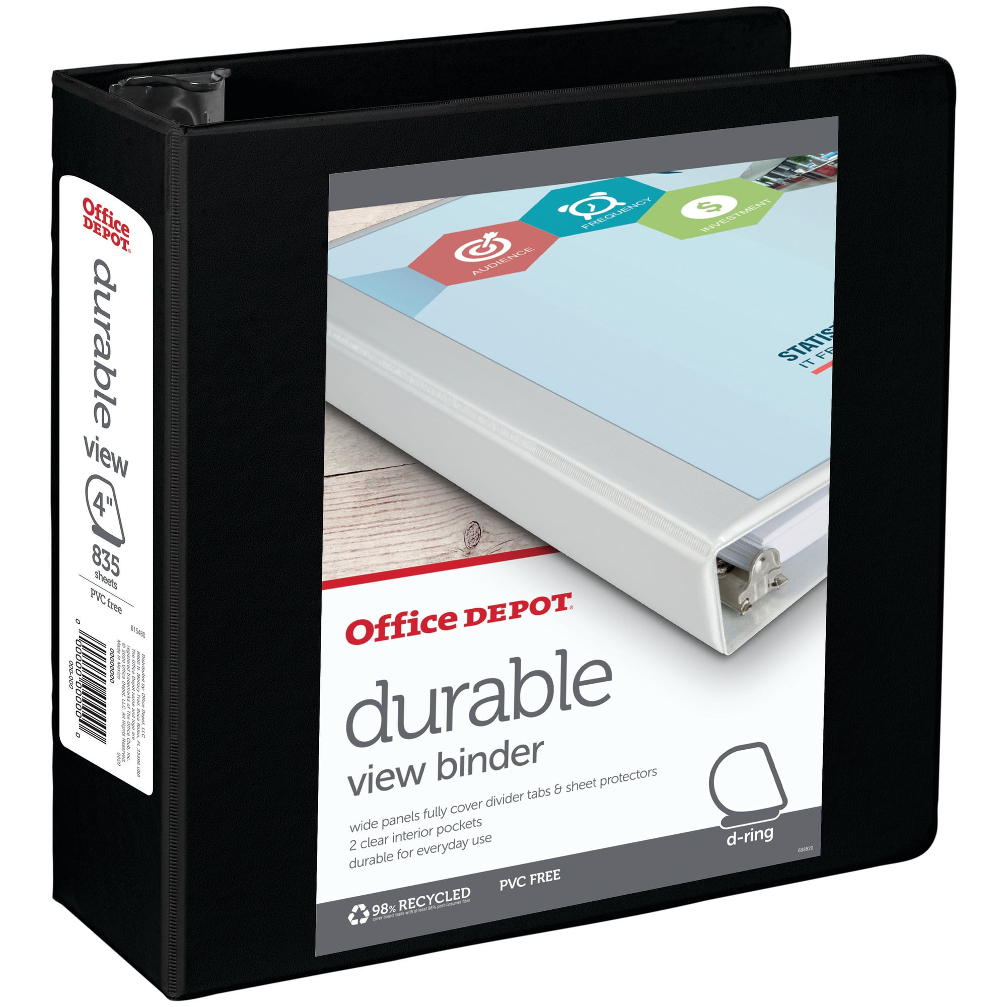 Office Depot® Brand Durable View D-Ring Binder, 4' Rings, 39% Recycled, Black