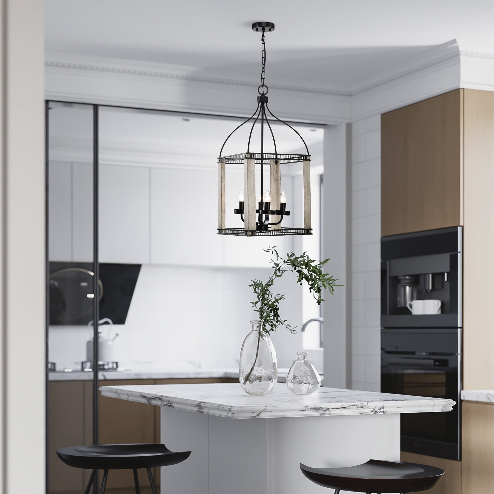 Vander 14 in. 4-Light Indoor Matte Black and Faux Wood Grain Finish Chandelier with Light Kit