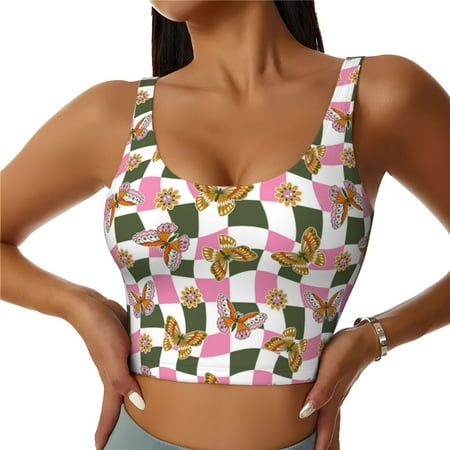 Daiia Abstract Pink Plaid Butterfly Printed Women s Sports Bra  Breathable Activewear Bra with U-Back Design and Removable Pads  Comfortable and Supportive for Yoga  Workout-Small