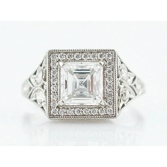 Asscher Cut Diamond Engagement Ring, Square Halo Diamond Ring, Antique Milgrain Ring, Openwork Filigree Ring, Engraved Shank Ring, 925 Sterling Silver, 2.5 Ct Simulated Diamond