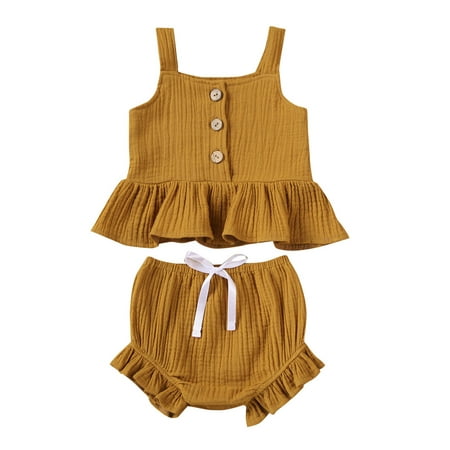 

Calsunbaby Newborn Baby Girl Summer Clothes Suit Button Hem Top Vest Shorts 2pcs Outfits Set Yellow 3-4 Years