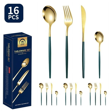 

16-Pieces Stainless Steel Cutlery Set - Gold Black Flatware Set - Tableware Utensils with Steak Knife/Dinner Fork/Spoon/ Service for 4