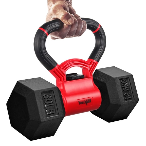 Yes4All Combo Kettle Grip (Single)   Rubber Hex Dumbbell (Single) - 30lbs - Red