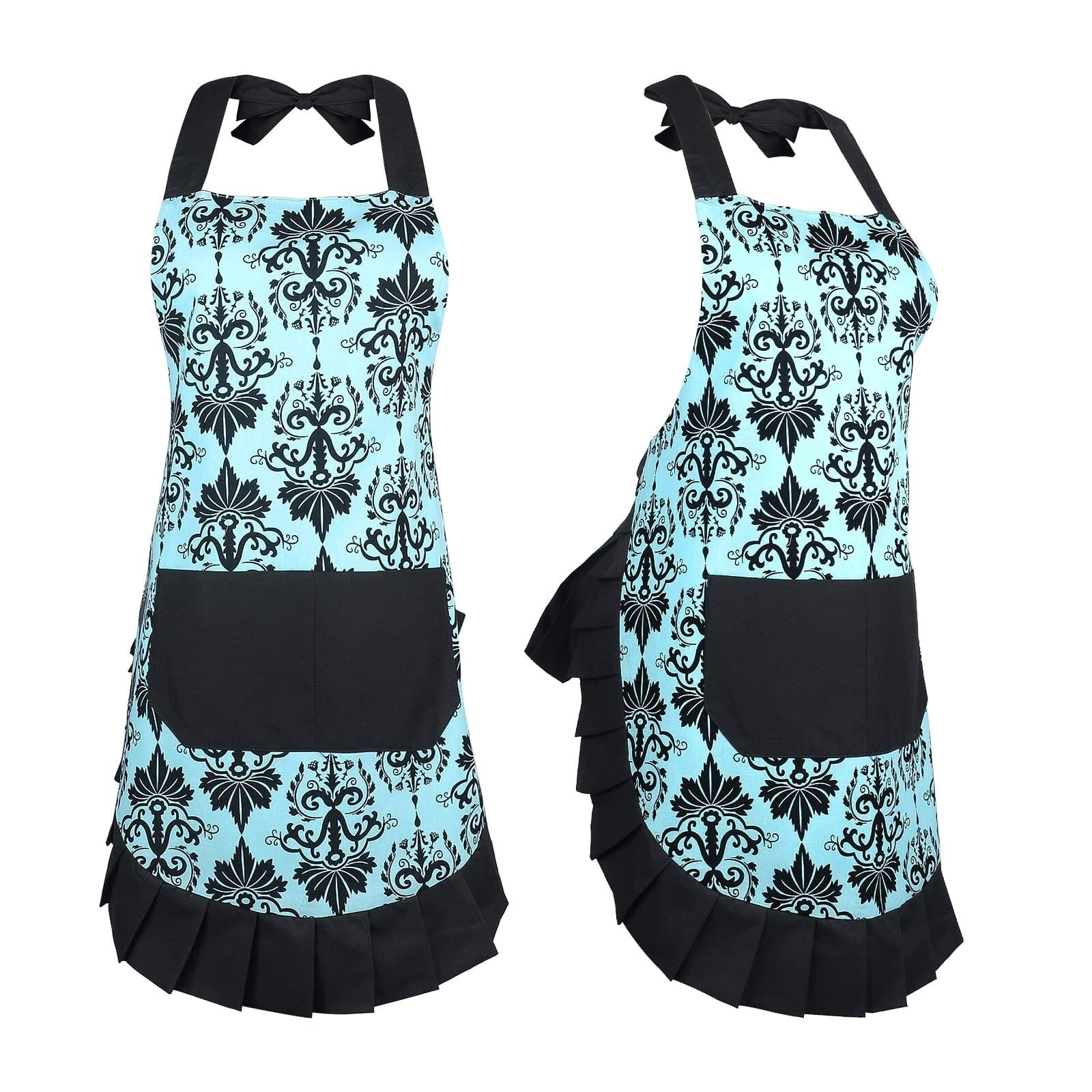 Cotton Vintage Damask Apron For Women, Adjustable Neck & Big Pocket, Blue & Black Cute Ruffle Kitchen & Baking Apron For Christmas Holiday Gift
