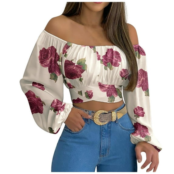 Samickarr Woman'S Strapless Long Sleeve Printing Off Shoulder Ruched Lantern Sleeve Crop Tops