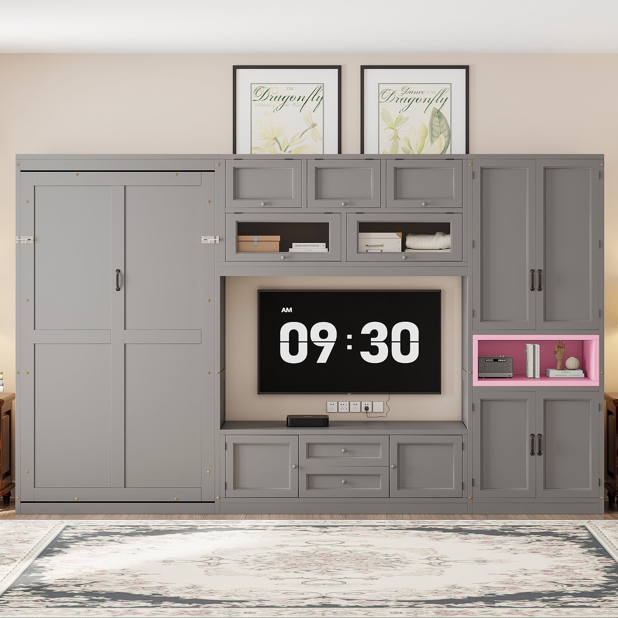 Mintazer Twin Foldable Murphy Bed with 82.3"H Wall Storage Cabinet, Shelves, TV Stand and 2 Drawers & 9 Cabinets for&nbsp;Bedroom Living Room, Gray
