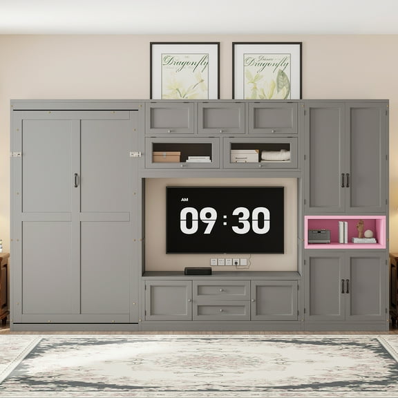 Harper & Bright Designs Twin Size Murphy Bed with Cabinets and TV Stand, Wooden Twin Cabinet Bed Wall Bed with Storage Shelves, Folding Wall Chest Bed with 2 Drawers, Gray