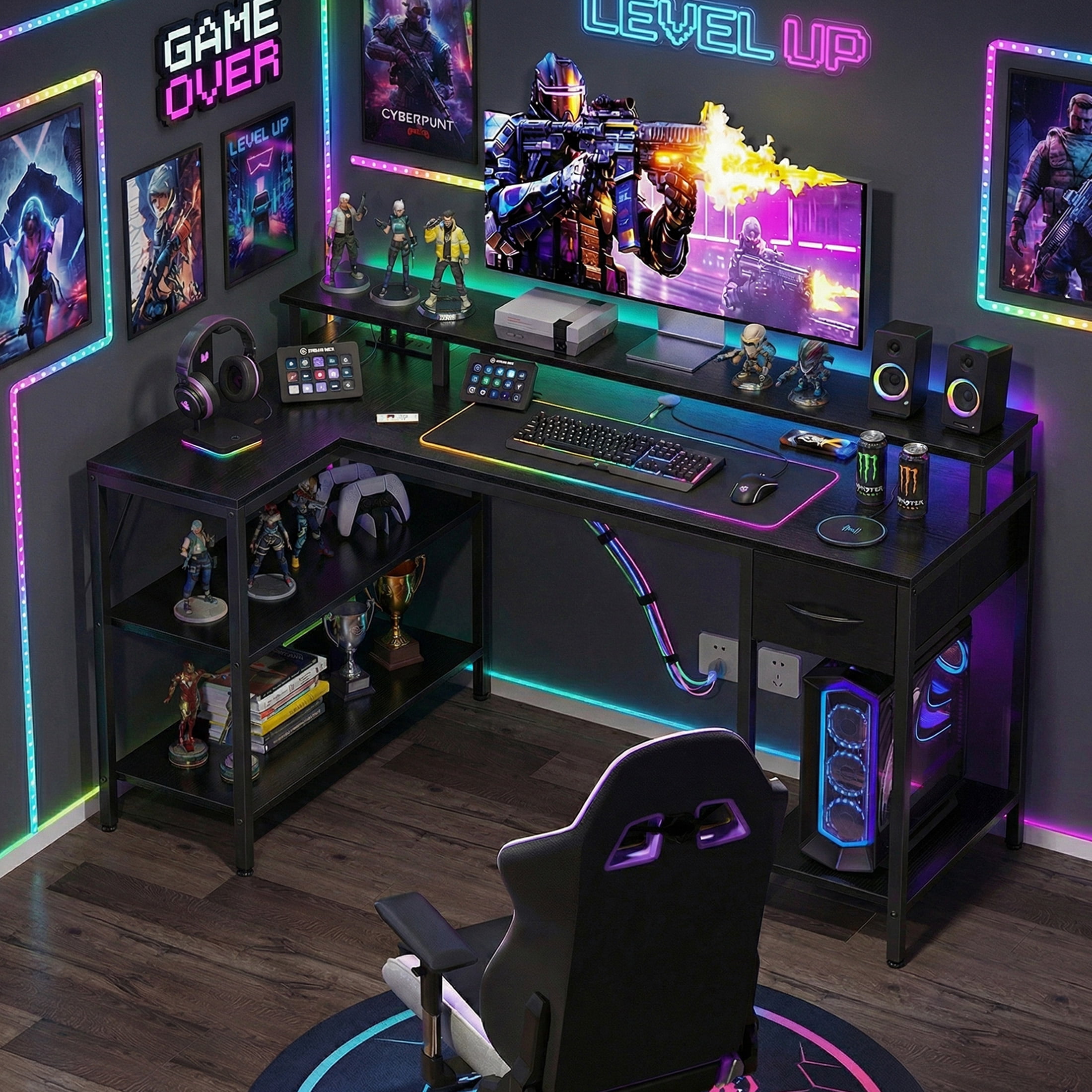 CONCETTA 53 inch L-Shaped Gaming Desk, Reversible Design with LED Lighting, Power Outlets and Double-Tier Storage, Black for Home Office