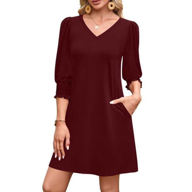 TaTaai Women's Solid Color V-Neck Three Quarter Sleeve Dress Casual Fashion Elastic Cuffs Soft Comfortable Polyester Fabric Versatile Midi Dress for Spring Summer Daily Dating Party Work Gift