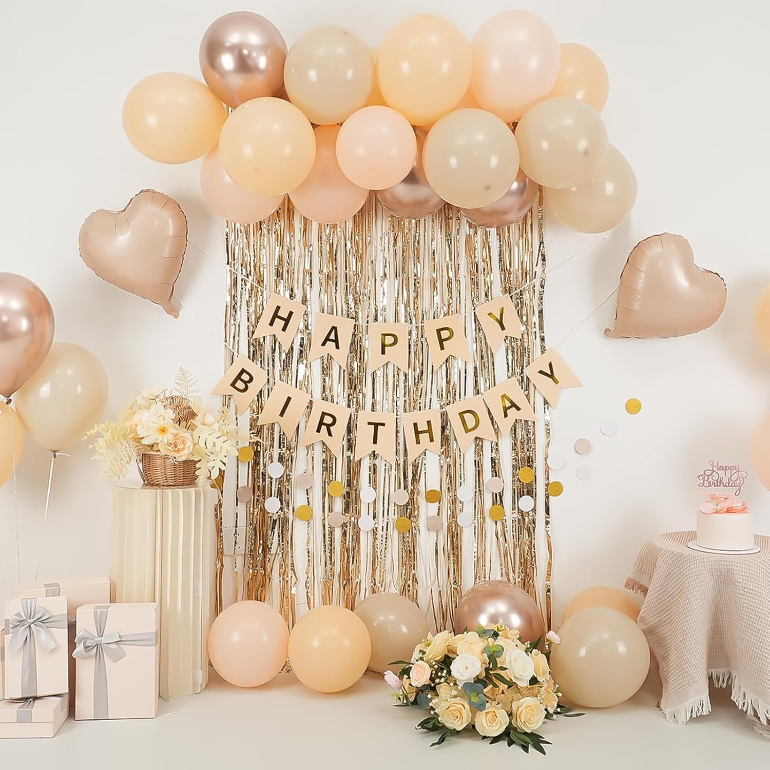 Beige Birthday Decorations,Happy Birthday Banner with Cream Nude Champagne Gold Balloon Heart Foil Balloons Fringe Curtain for Women Men  Baby Shower Party Decor