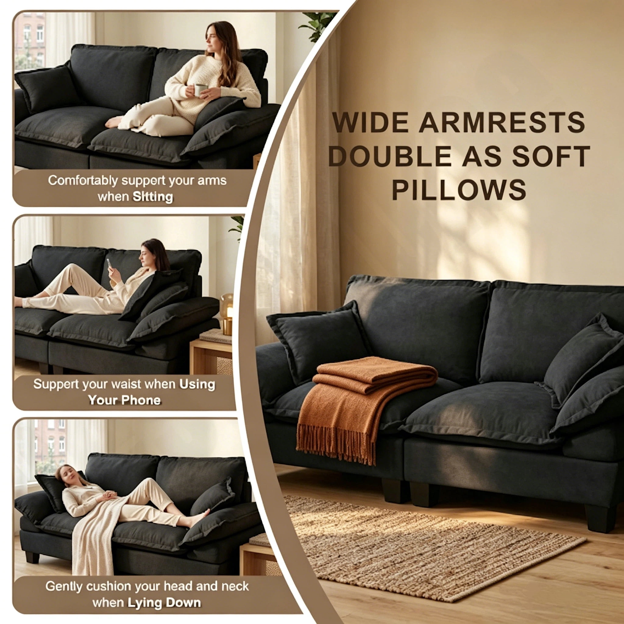 AISWORD 2 Seater Loveseat Sofa, Comfy Small Couch, Modular Sectional Love Seat with Pillows for Bedroom, Apartment, Office, Small Spaces, Black