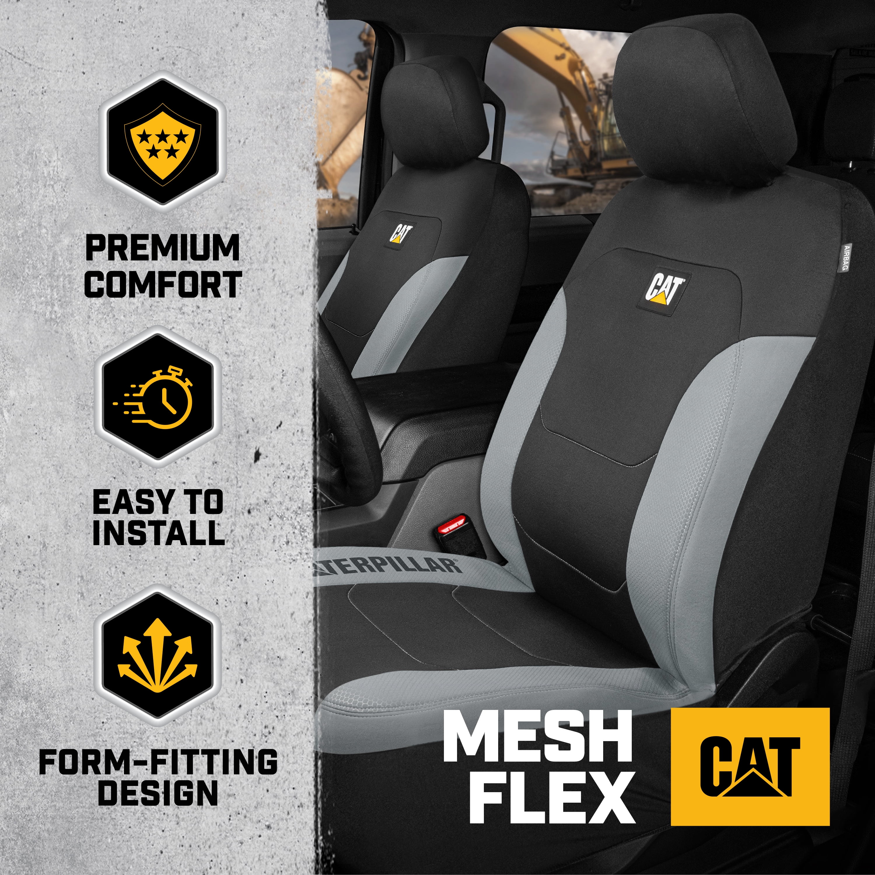 CAT FlexFit Black Gray Seat Covers for Cars, Trucks, & SUV - (2) Front Car Seat Cover Front Seat Protectors - Airbag Compatible Seat Covers for SUV Interior Covers & Truck Seat Cover Car Accessories