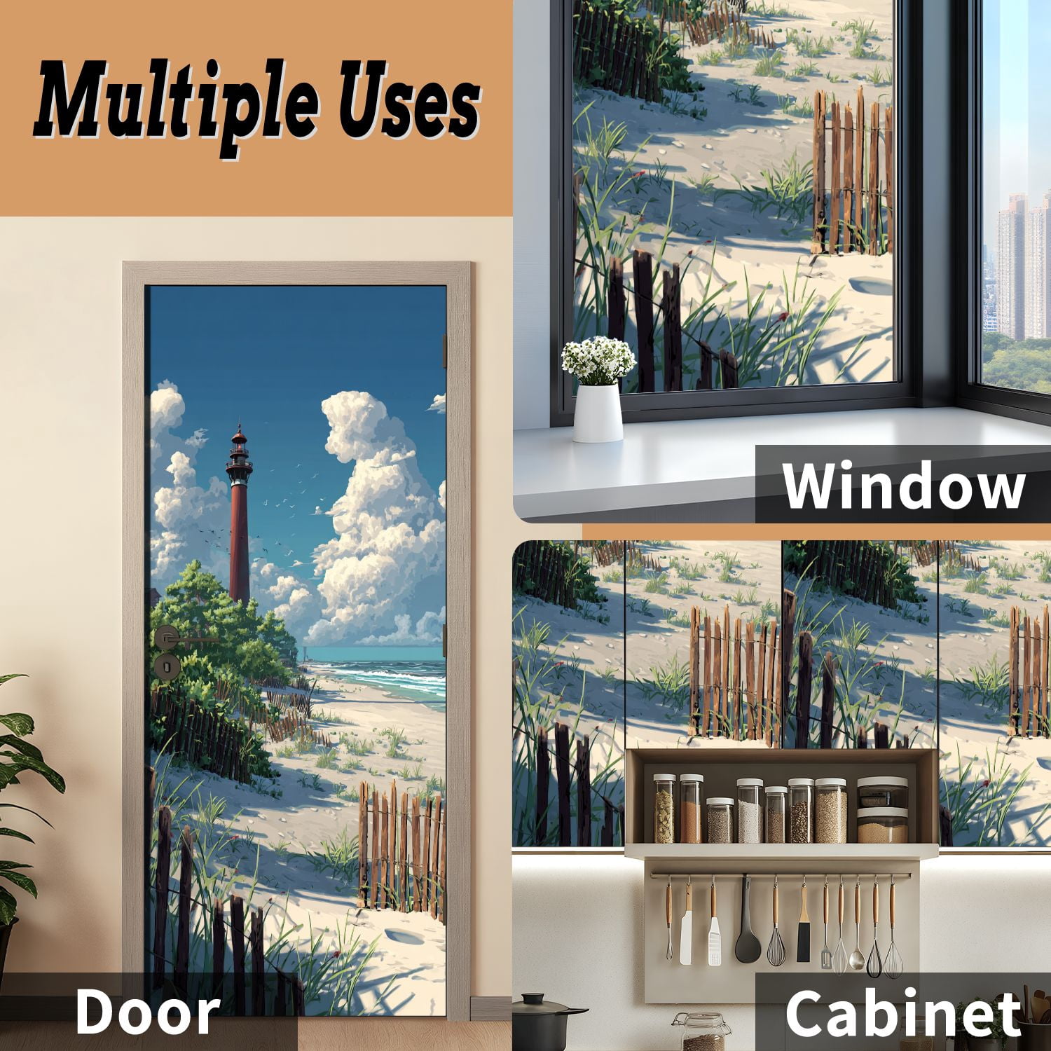 Self Adhesive Vinyl Refrigerator Wrap Set Barnegat Lighthouse sand beach fence New Jersey Door Mural Removable Fridge Sticker Peel and Stick&nbsp;Full Door Cover Decal Kitchen Bar Decor