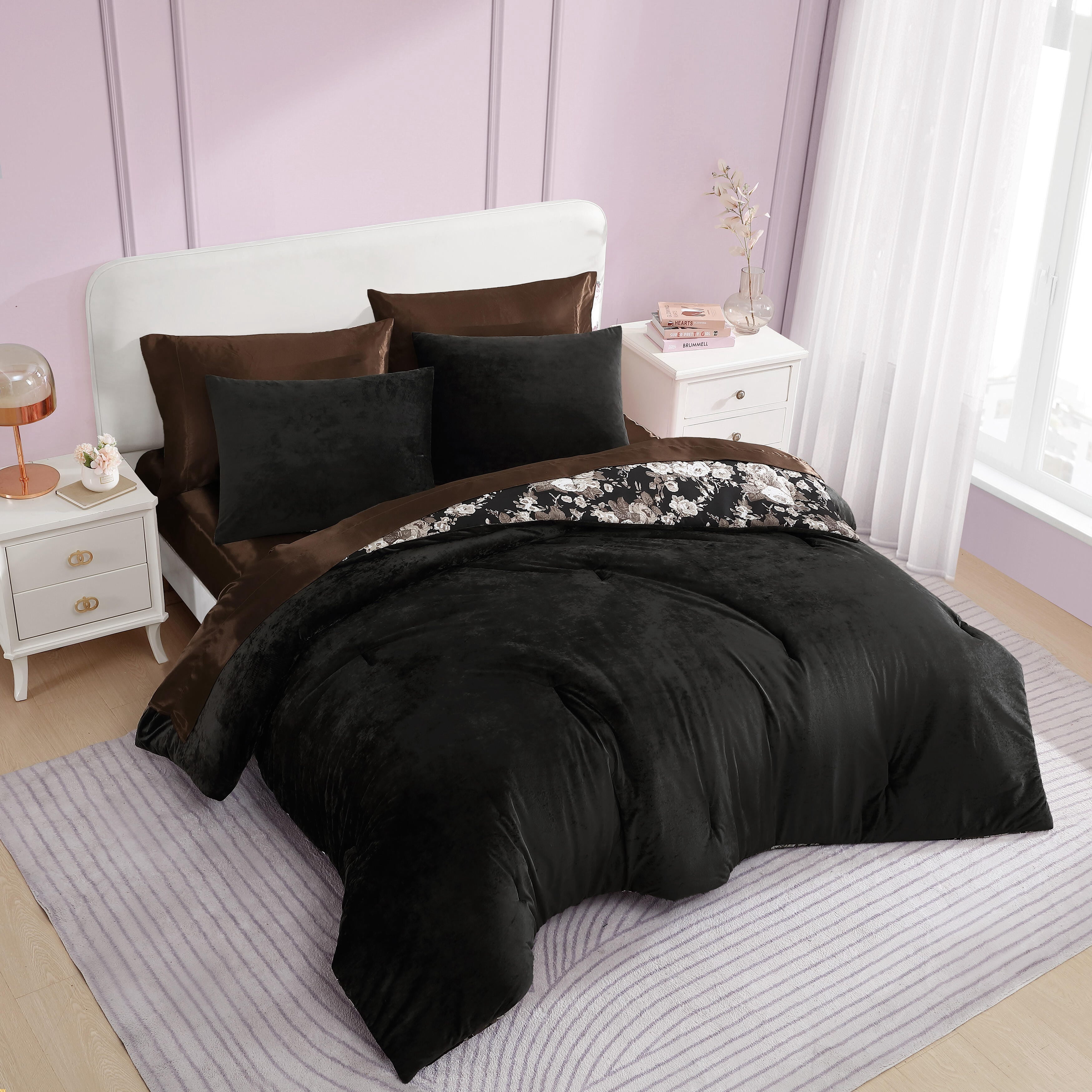 Betsey Johnson Velvet Solid Black King Duvet Cover Set, Soft Bedding with Shams, Machine Washable