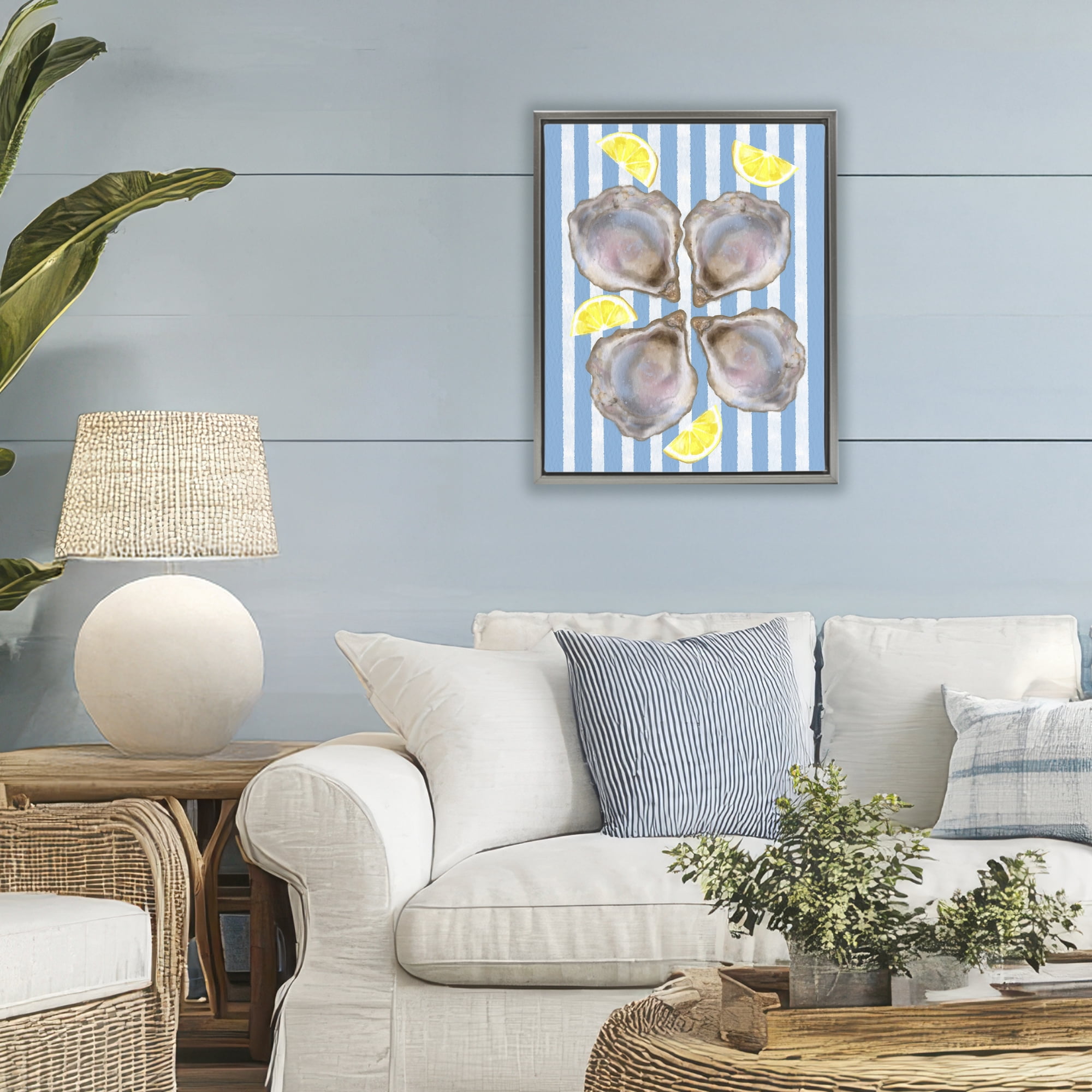 Stupell Industries Blue Stripe Oysters Gray Framed Floater Canvas Wall Art, design by Matthew Piotrowicz