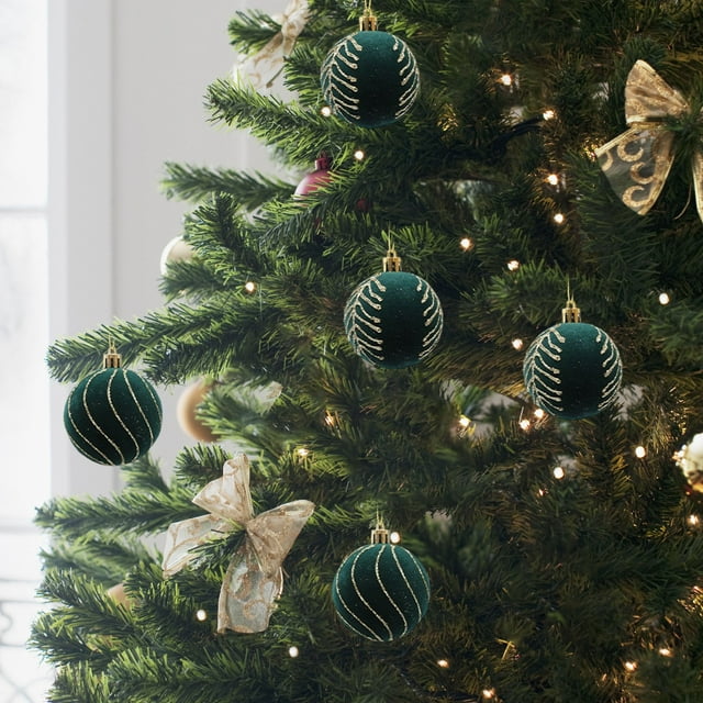 Bolas Navideñas Colgantes de 6 Cm con Acabado Nevado, Bolas de Plástico con Purpurina, Adorno para Árbol de Navidad, Juego de 4 | Material Nevado Verde | Tamaño 6 Cm | Ligeras y Fáciles de Colgar | I