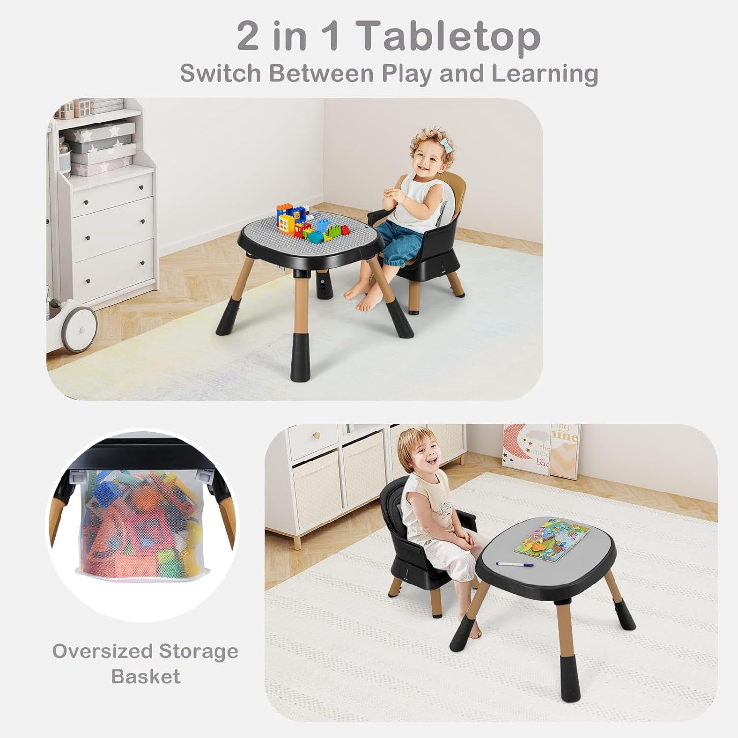 INFANS 9 in 1 High Chair, Convertible Baby Highchair for Babies and Toddlers, Table and Chair Set Building Block Infant Dining Booster Seat, Kids Stool with Activity Children Play Kitchen