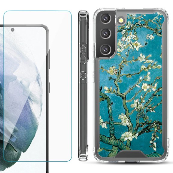 Shockproof Bumper Phone Case for Samsung Galaxy S22 5G, with Tempered Glass Screen Protector, by OneToughShield ® - Almond Blossom