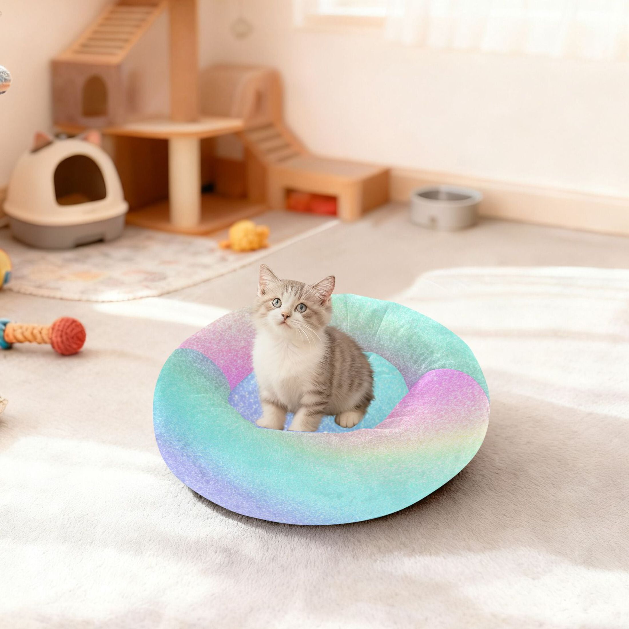 Iauyy Pet Couch Donut Cat Bed for Indoor Cats/Small Dogs Washable & Machine with Non-slip Bottom Calming Cat Furniture, Light Background (XS)