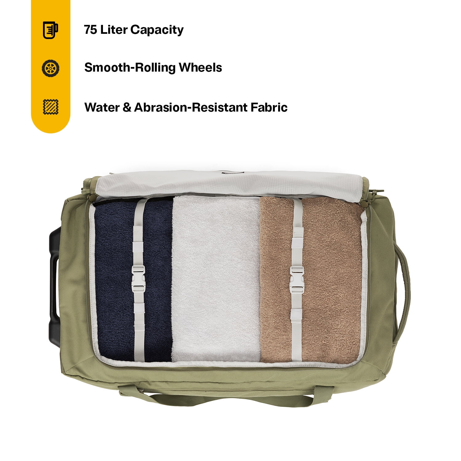 RTIC Road Trip Rolling Duffle Bag, Large, Water Resistant and Wheeled, Olive & Beach