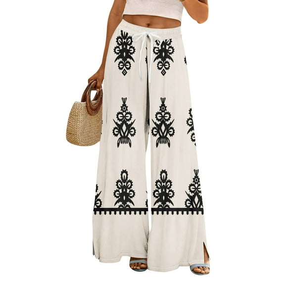 Women's Geometric Print Palazzo Pants - High Waist Wide Leg Bohemian Summer Casual Trousers with Elastic Waist ,Beige,L