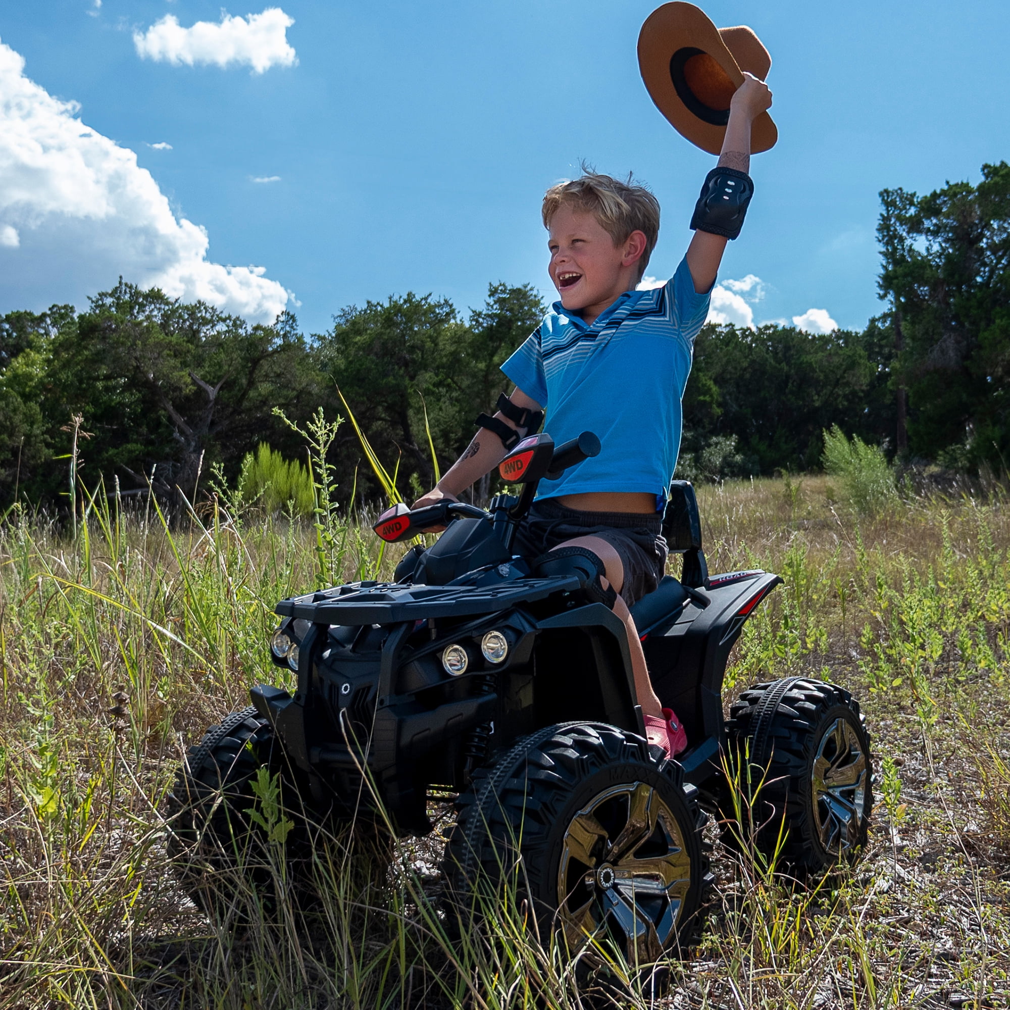 4 Wheeler for Kids, Joyracer 4WD Electric Atv for Kids, 24 Volt Ride on Toys, Outdoor Gift with 800W Motor, Bluetooth Music, Horn, LED, Black