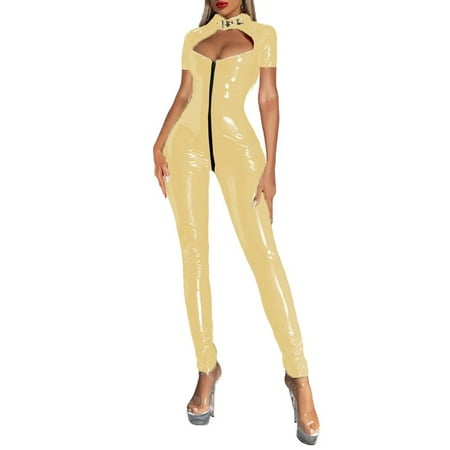 Women s Sexy Long Sleeve PVC Leather Jumpsuit Lingerie Zipper Crotch Party Bodysuit Sexy Catsuit Clubwear