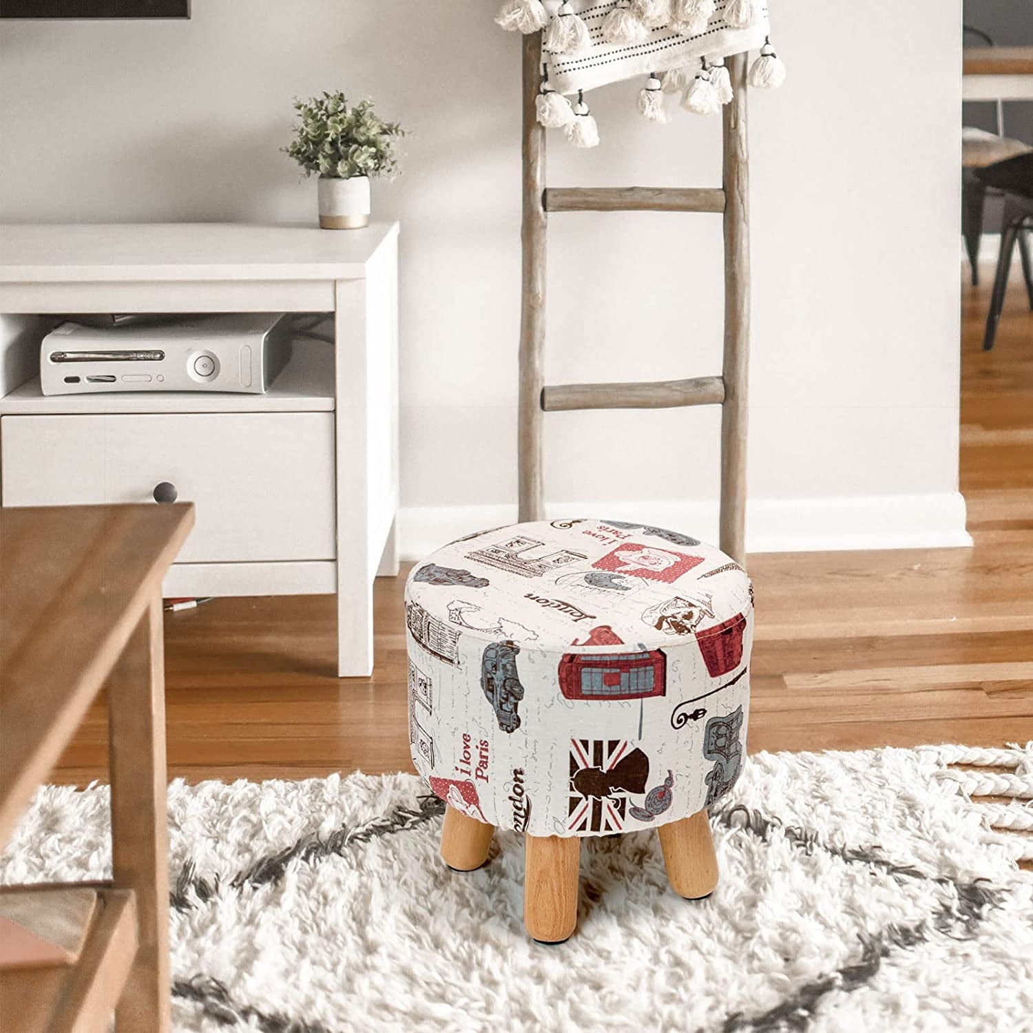 H&B Luxuries Fabric Round Padded Ottoman Foot Rest Stool (4 Legs-Vintage Beige)-ST-OPFS4