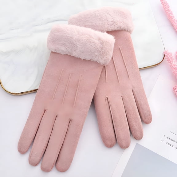 TELOLY Women Winter Fleece Gloves Elastic Suede Fabric Touch Screen Warm Plush Lined Glove for Riding Driving Motor Pink