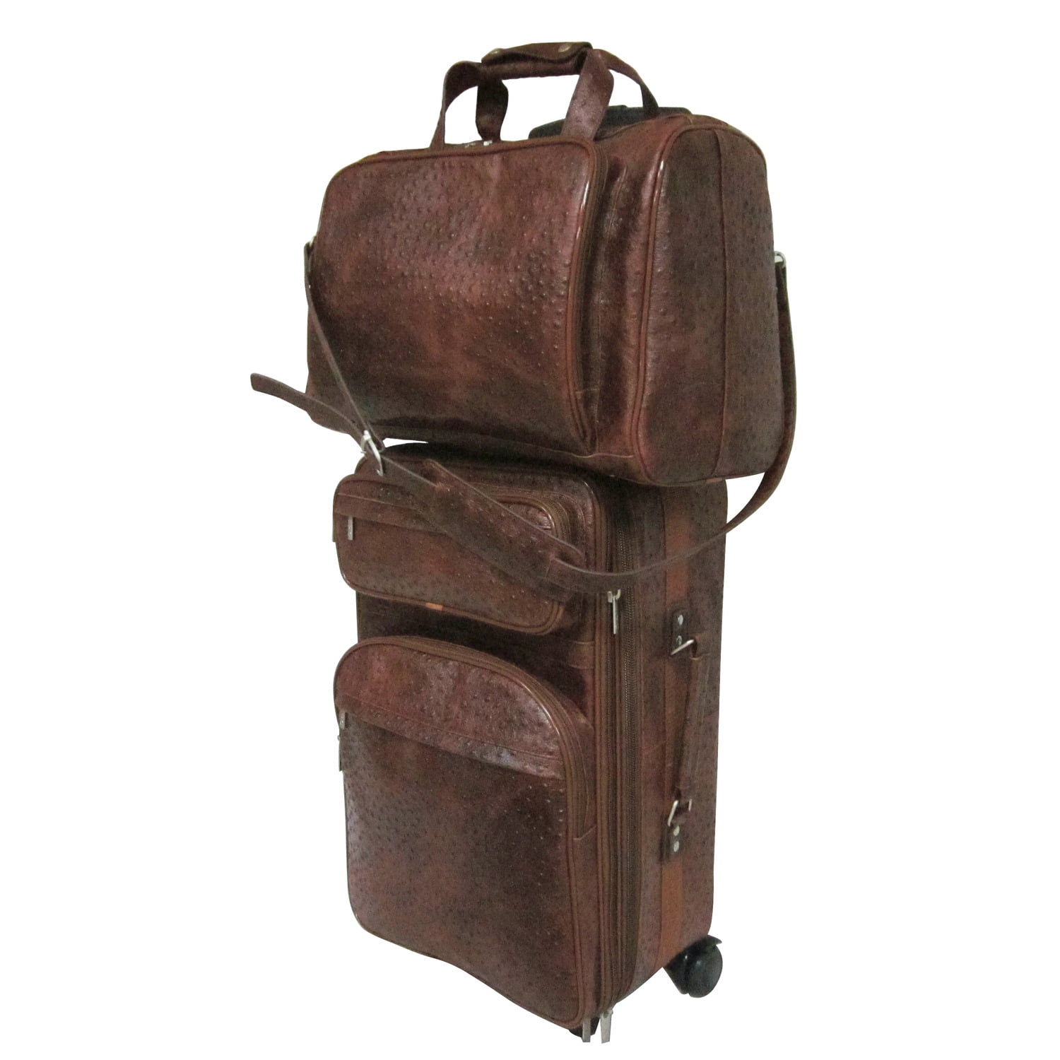 AmeriLeather 8002-6 Ostrich Print Leather Traveler Set, Brown - 2 Piece
