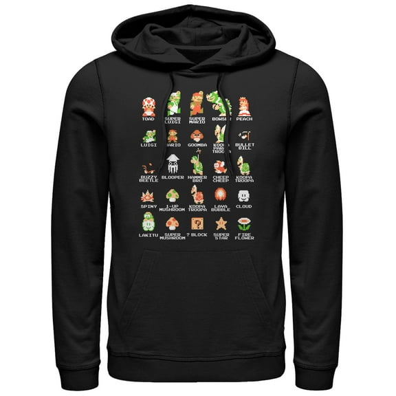Men's Nintendo Super Mario Bros Character Guide Pull Over Hoodie Black 3X Large