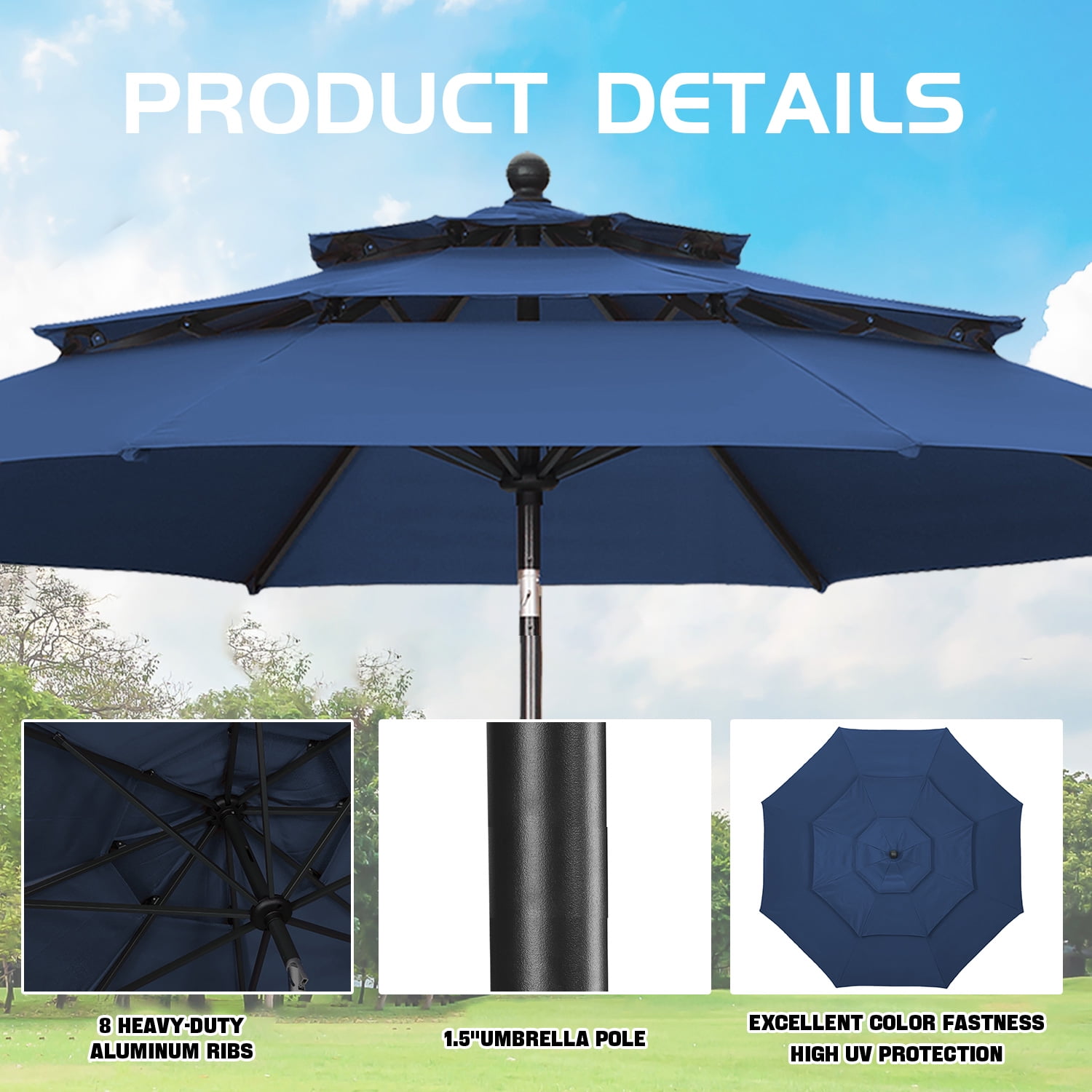 Autlaycil 10ft Navy Blue Patio Umbrella and Base with Push Button Tilt and Crank, 8 Sturdy Ribs UV Protection Waterproof for Garden, Table, Pool