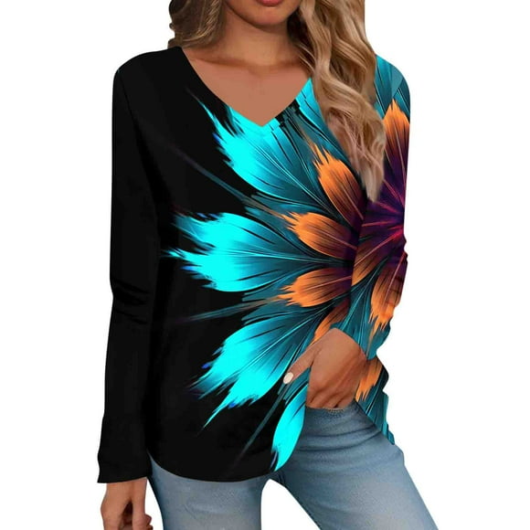 TSADFHJI Women Tops Dressy Women Casual Long Sleeve V Neck Shirts Lightweight Sweatshirts Fashion Tunic Tops Shirts L Black