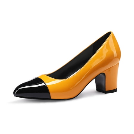 

Women Chunky Low Heel Formal Pumps Almond Cap Toe Slip on OL Pump Block Heeled Dress Work Shoes Size 13 (Yellow)
