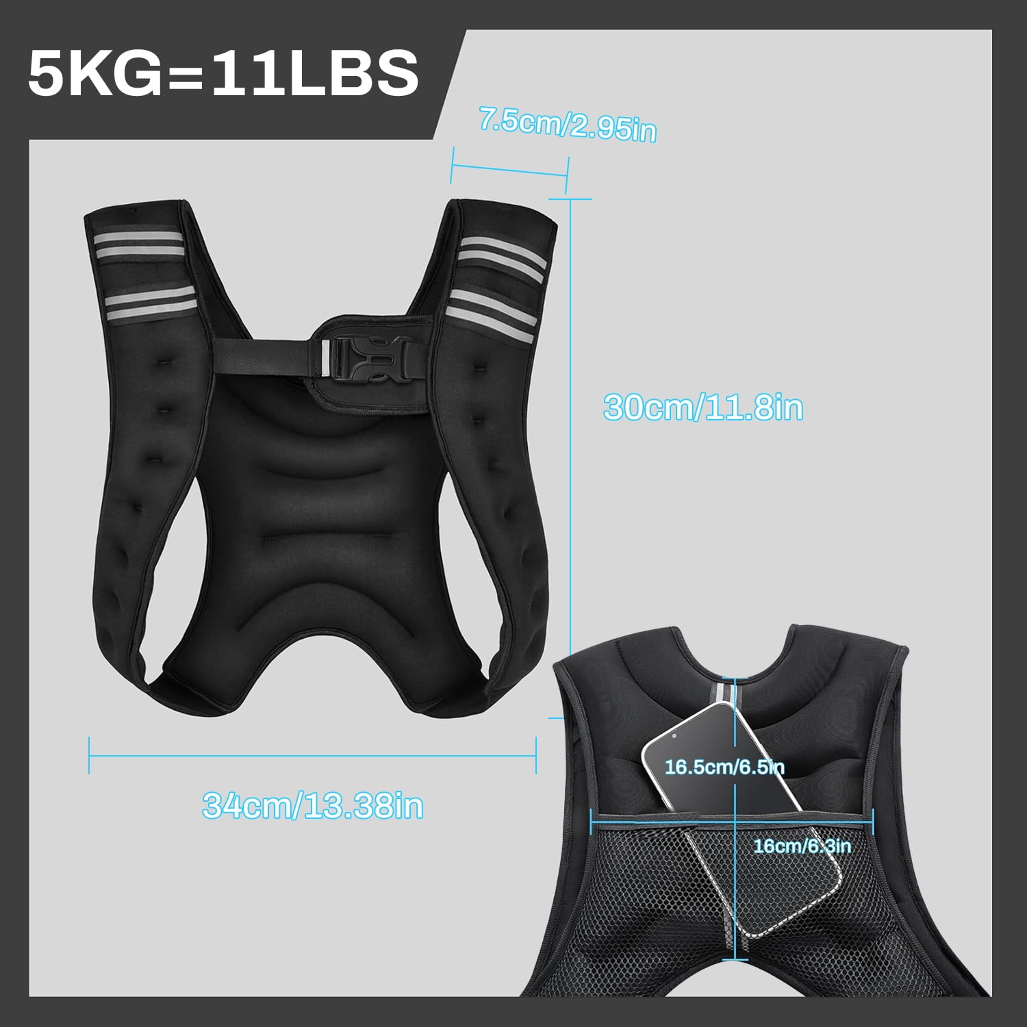 Behome Weighted Vest, 11lb Rucking Vest with Reflective Stripe & Large Pocket for Running, Training Workout, Jogging, Walking