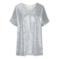 thumbnail image 4 of Puntoco Women tops for Summer 2025 Clearance Women Short Sleeve Sequins Loose Polluer Solid V-Neck Blouse Shirt Tops Silver 10(XL), 4 of 6